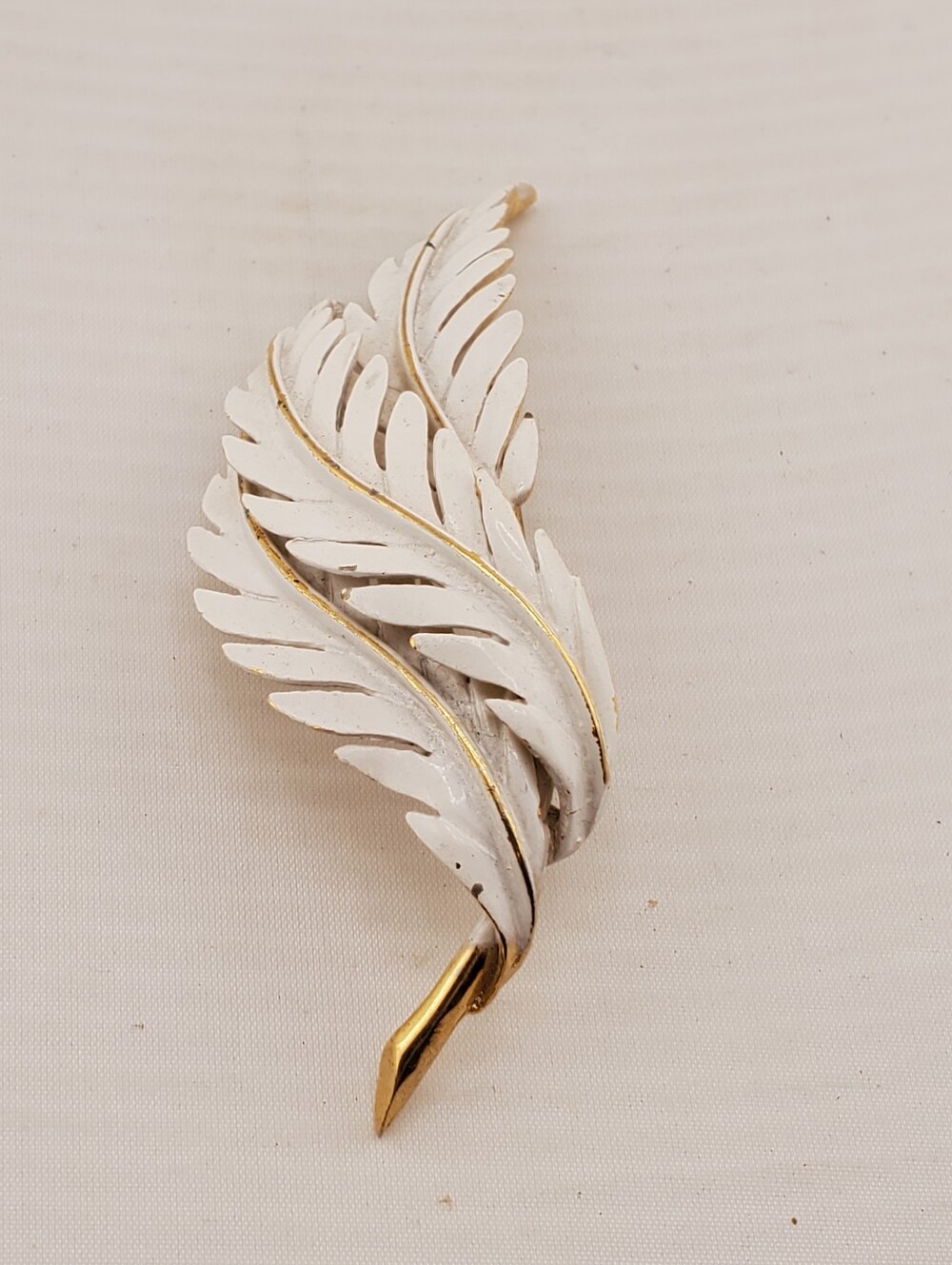 White Enameled Elm Leaf Brooch
